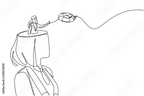 Tableau sur toile Single line drawing of a small beauty businesswoman tossing a lifesaver from inside a giant large human head