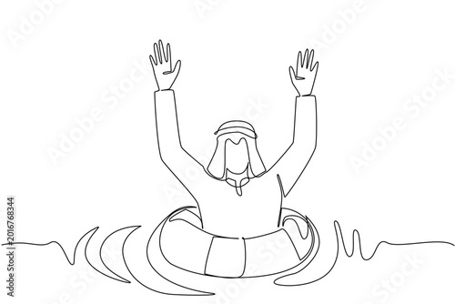 Tableau sur toile Single line drawing displaying a desperate young Arabian man sinking into deep ocean water raising hands asking for help