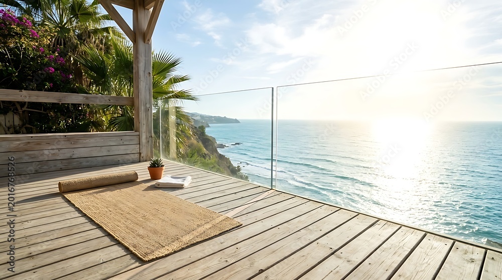 Obraz premium Serene wooden deck overlooking a tranquil ocean at sunrise with a yoga mat and book, perfect for wellness and travel