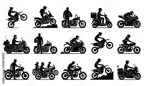 Konstfotografi Motorcycle Rider And Bike Racing Silhouette Icons Collection For Transportation