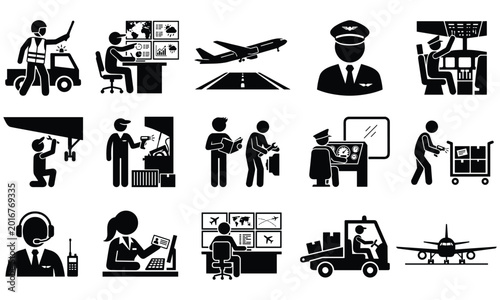 Airport Aviation And Air Transport Service Silhouette Icon Collection Set