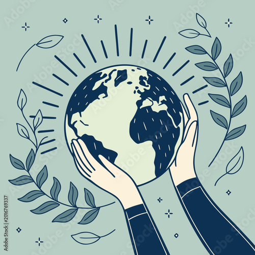 Фотография Hands cradling earth globe with laurel leaf frame.