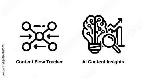 Content flow and AI insight analytics icons with artificial, intelligence