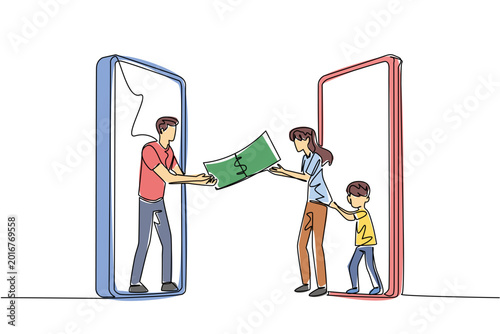 Single line drawing of young husband reaching from smartphone to give cash online to wife and young boy. Digital remittance for International Day of Family Remittances advertising billboard visual.