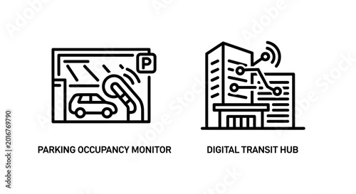 Photos Parking occupancy monitor and digital transit hub icons with occupancy, building