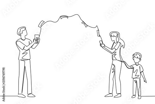Single line drawing of handsome husband sending cash wirelessly to beauty wife and little boy online. Wireless remittance concept for International Day of Family Remittances awareness social media.