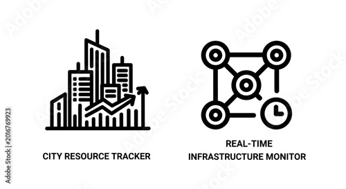 City resource tracker and real-time infrastructure monitor icons with resource