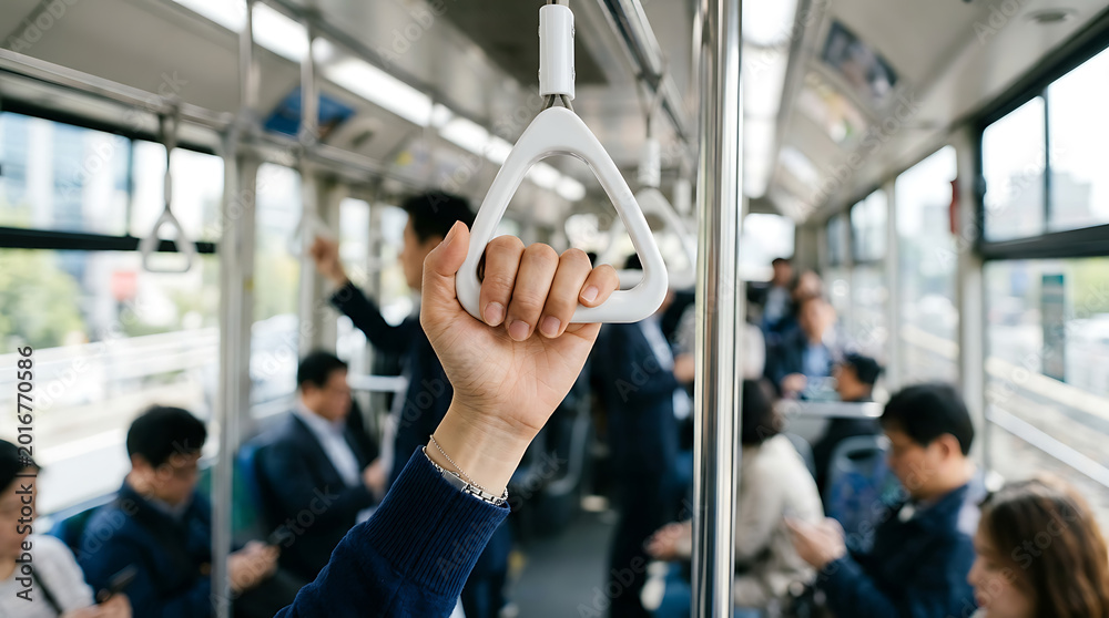 Fototapeta premium Close-up of a person holding onto a handle while commuting on a public train with other passengers