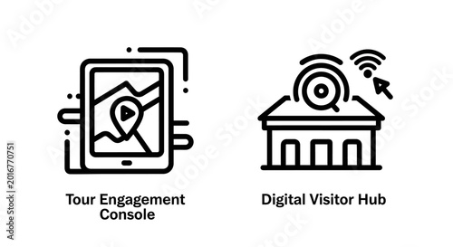 Fényképezés Tour engagement console and digital visitor hub icons with engagement, building
