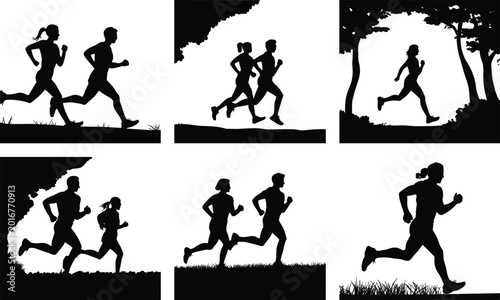 Silhouette runners exercising outdoors in nature park, healthy couple jogging together, fitness lifestyle and morning workout for health motivation