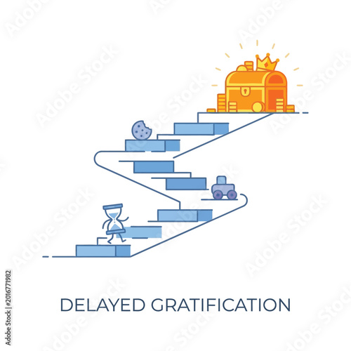 Photography Delayed gratification staircase icon, person climbing toward bright home, financ