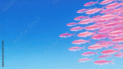 Growth and Expansion in Business and Career Development shown through a school of pink fish swimming together against a gradient blue sky, symbolizing teamwork and moving forward in professional life.