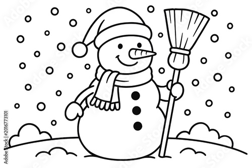 Charming black-and-white snowman illustration offers bold lines, seasonal accessories, and simple printable coloring fun.