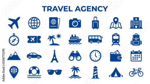 Fotografía Collection of travel agency icons and symbols representing various aspects of to