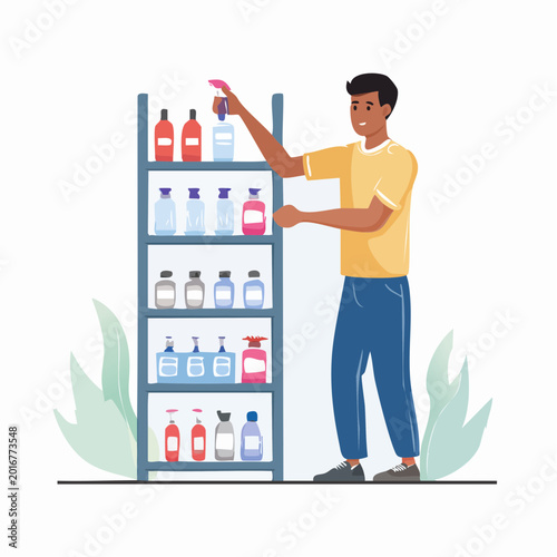Man Organizing Bottles on Shelves