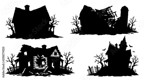 Foto A collection of four distinct silhouette illustrations of spooky, dilapidated houses and farm buildings,