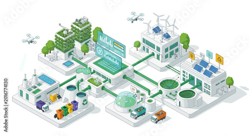 Isometric illustration of a smart city with sustainable energy sources and infrastructure.