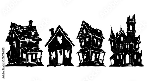 Obraz na płótnie Four distinct haunted houses are depicted in silhouette against a white background