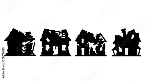 Foto A graphic illustration in silhouette shows four damaged and decaying houses lined up against a white background