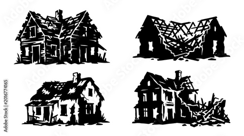 Tableau sur toile A collection of four distinct silhouettes depicting dilapidated and ruined houses
