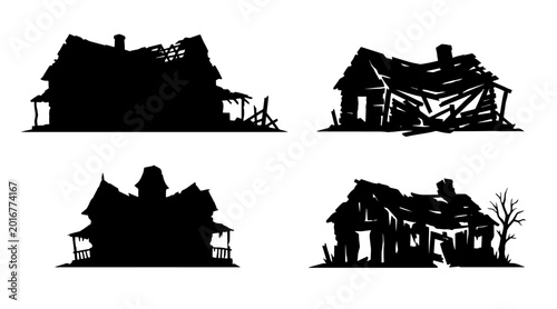 Canvastavla A collection of four black silhouettes depicting various styles of abandoned and decaying houses