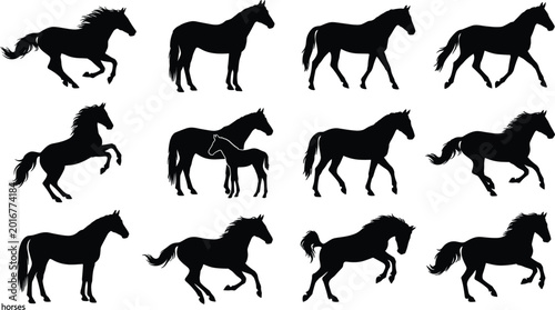 Tableau sur toile Black Horse Silhouette Collection Set with Running Standing Walking and Rearing