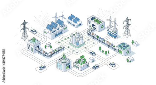 Isometric illustration of sustainable city with renewable energy sources and electric vehicles.
