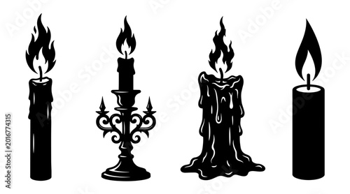 Tableau sur toile A collection of four distinct black candle illustrations with flickering flames against a stark white backdrop