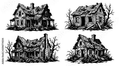 Foto A collection of four hand-drawn silhouettes depicting dilapidated and ruined houses and a barn, set against a white background