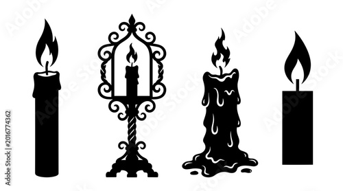 Tableau sur toile A graphic illustration featuring four distinct black silhouette candles, each with a visible flame