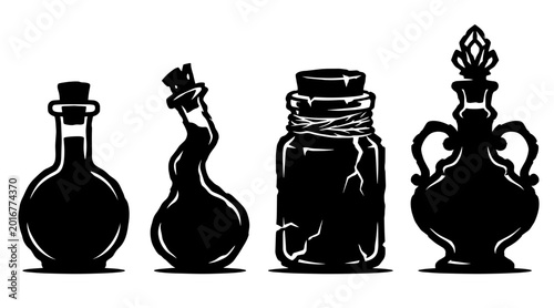 Принти на полотні A collection of four distinct potion bottles rendered in silhouette against a white background