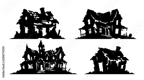 Bild auf Leinwand Four distinct silhouette illustrations of dilapidated and spooky haunted houses against a white background