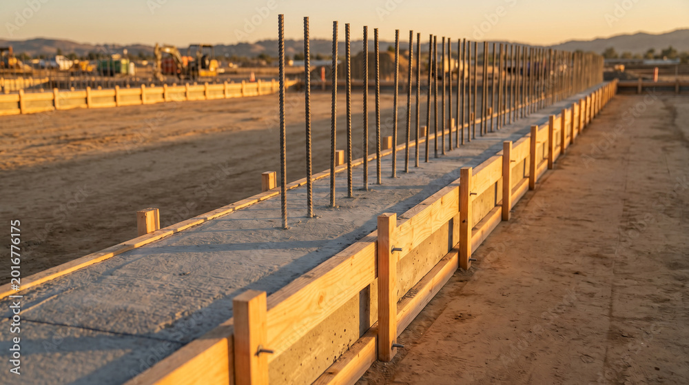 Obraz premium Rebar and concrete foundation set at a construction site during golden hour, highlighting new building development