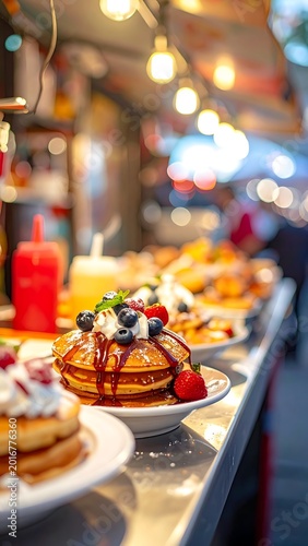 A delicious stack of pancakes with fresh fruits and syrup