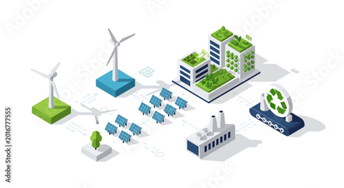 Isometric illustration of sustainable energy sources and eco-friendly buildings.
