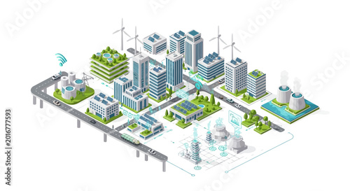 Isometric illustration of a sustainable city with renewable energy sources and buildings.
