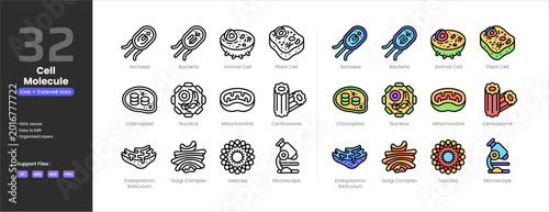 Foto Cell biology icon set collection - colored outline line art Animal Cell Archaea