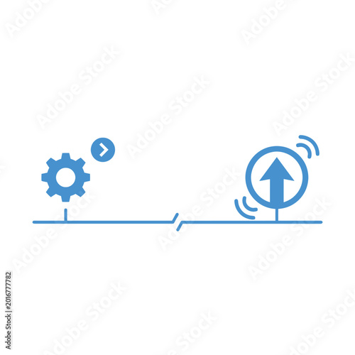 Foto Delayed system response icon, long line ending in gear and arrow illustration fo