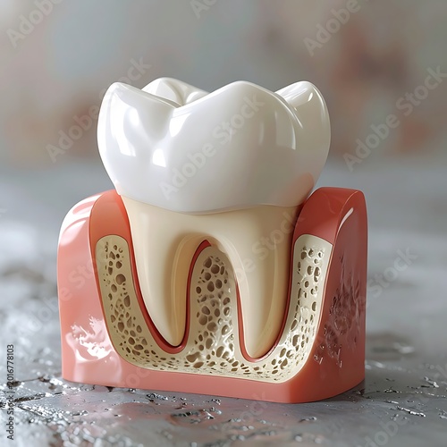 A dental model of a molar tooth with exposed roots