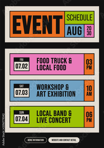 Event schedule poster template design with colorful bento grid modern retro style on black background