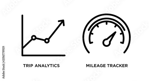 Fotografie Trip analytics line graph and mileage tracker gauge icons with analytics
