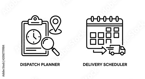 Obraz na plátně Dispatch planner with magnifying glass and delivery scheduler calendar, dispatch