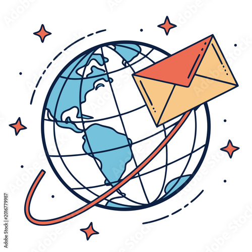 Foto Global communication with flying envelope over earth.