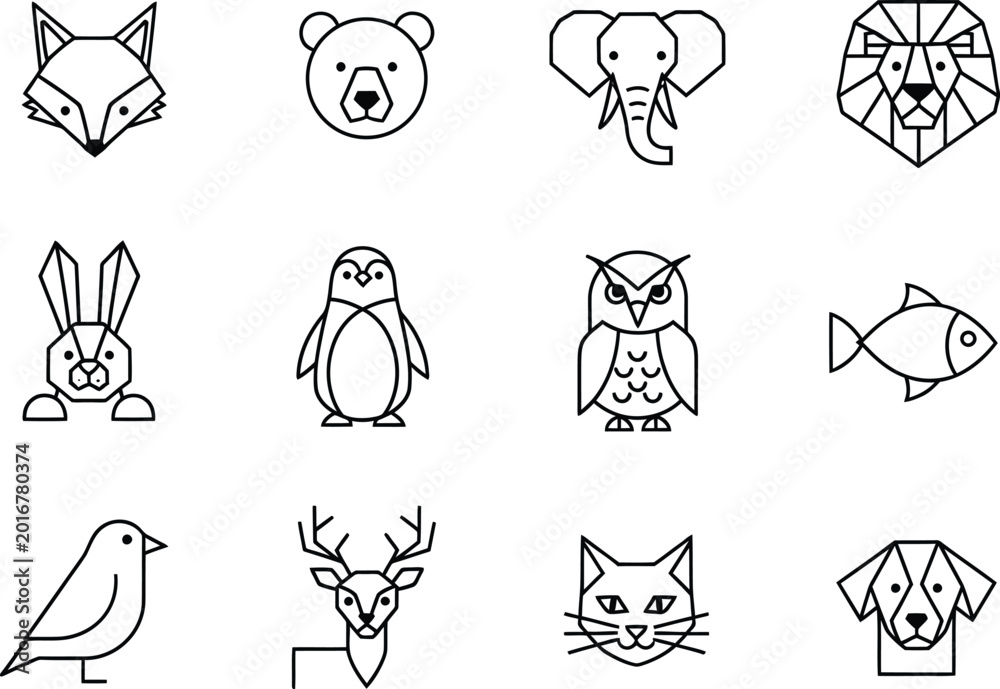 Fototapeta premium Black Line Animal Icons Set