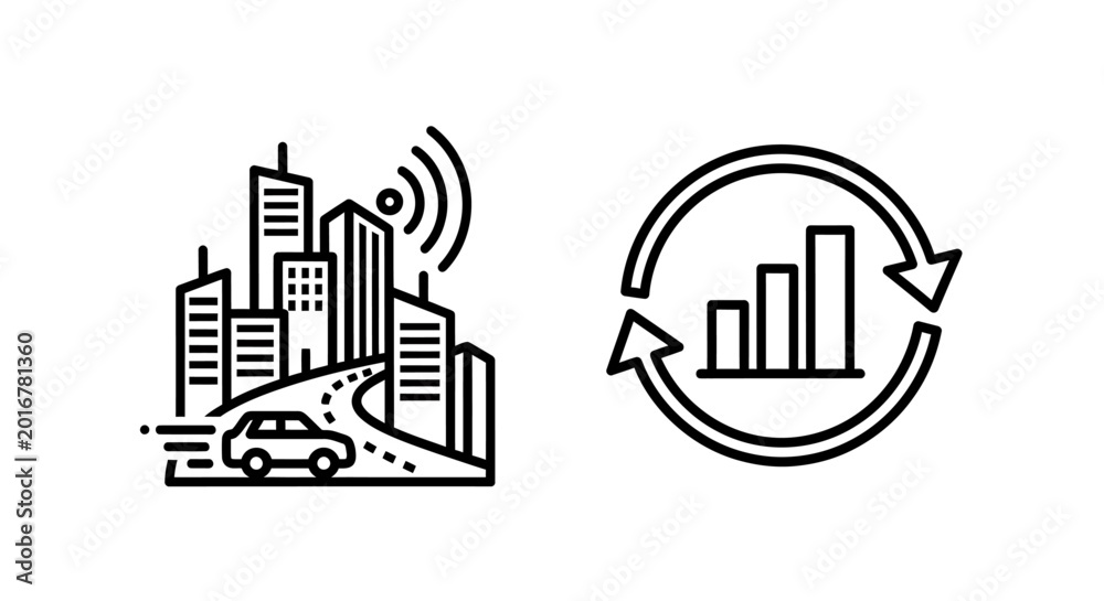 Obraz premium Smart city connectivity and cyclic data growth analysis icons with connected