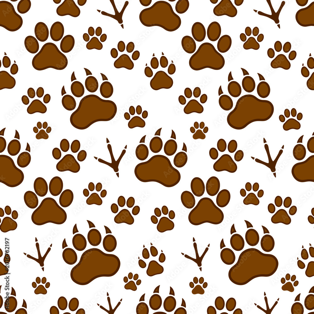 Fototapeta premium Seamless pattern of brown bear paw prints and bird footprints on a white background