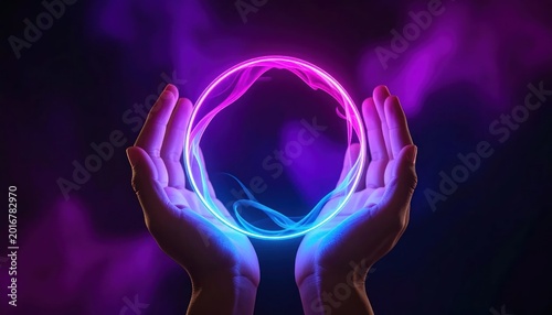 Mystical Orb Held Between Two Hands Glowing With Neon Light.