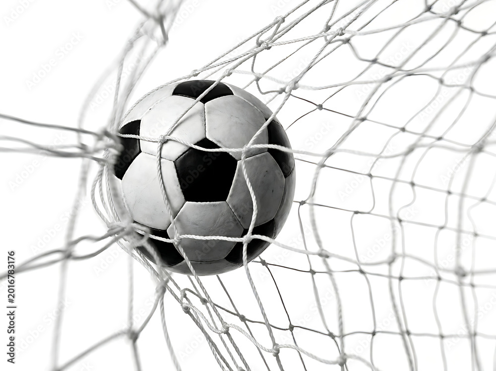 Naklejka premium Soccer ball in goal net on white background