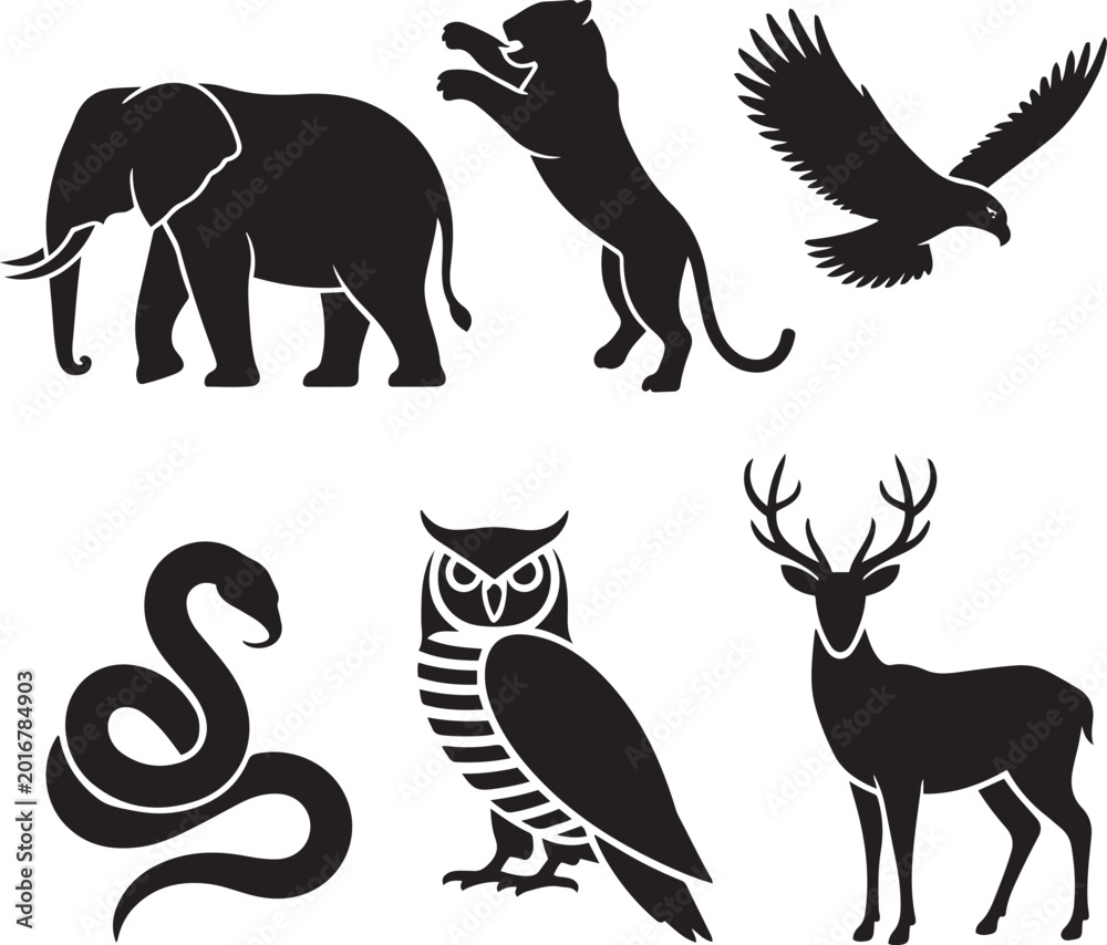 Obraz premium Assorted black animal silhouettes of wildlife creatures.