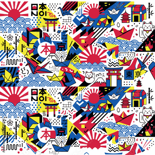 Vibrant Japan Pop Art Collage Seamless Pattern with Origami and Culture Symbols
